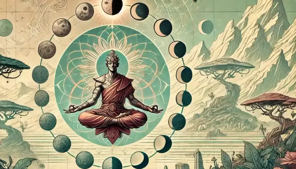 A guru floating amidst a circular rendition of the phases of the moon